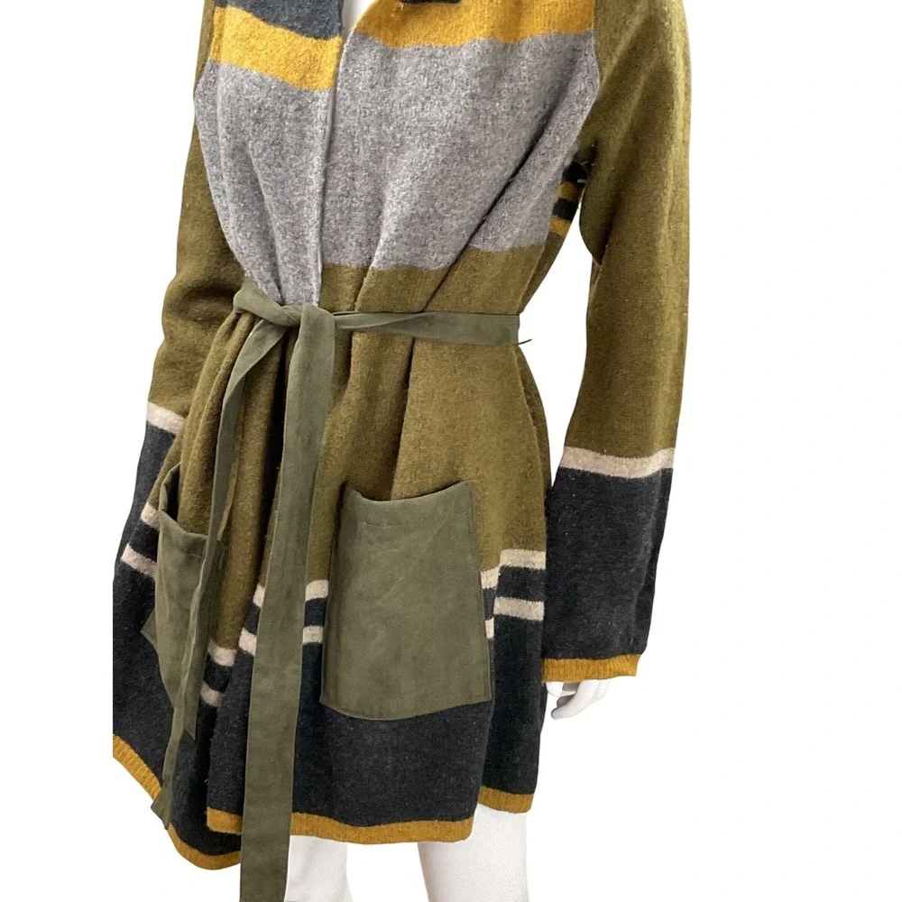 Angel of the North Striped Belted Cardigan Sweater Olive‎ Green Grey Mustard M